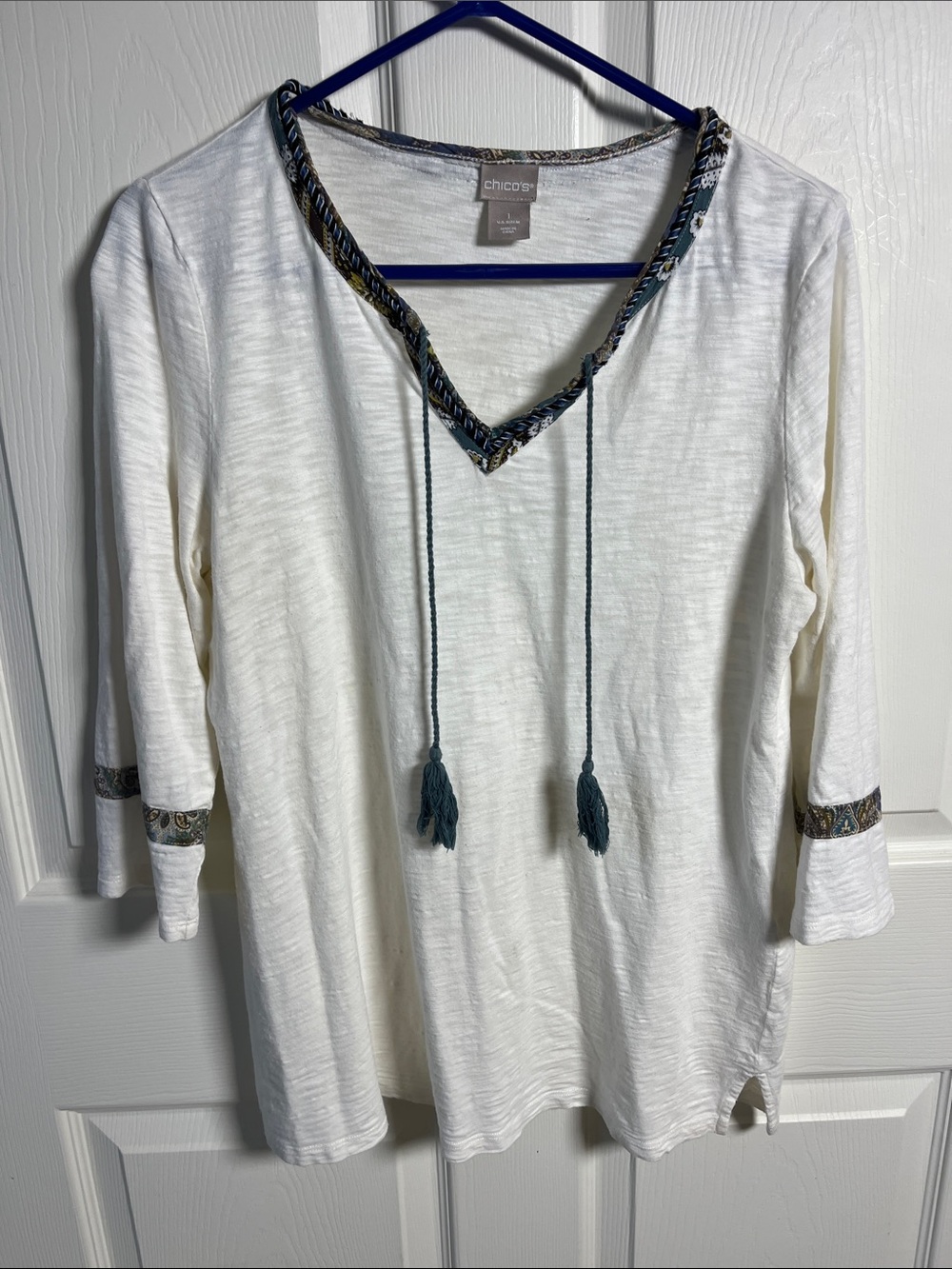 Chico's White Tunic with Teal Trim and Tassels